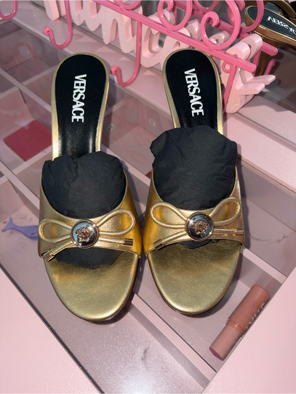 Versace Gold Bow-Accent Women's Heeled Mules - Picture 4 of 8